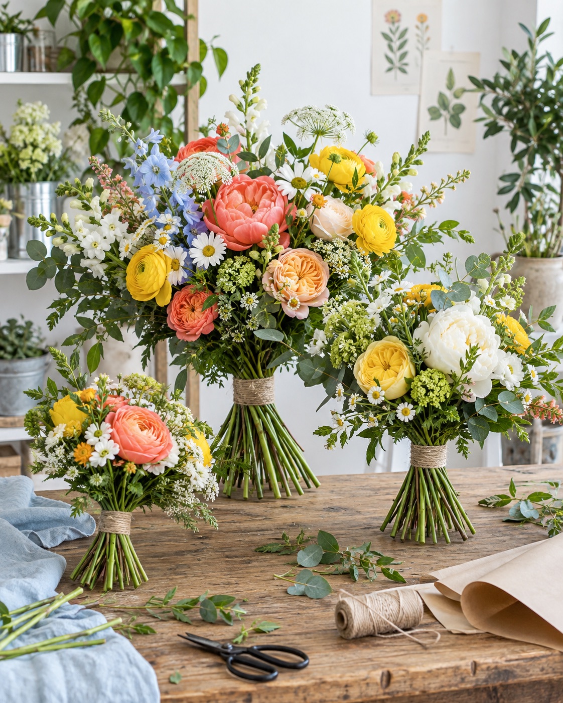 Florist preparing fresh stems at a worktable