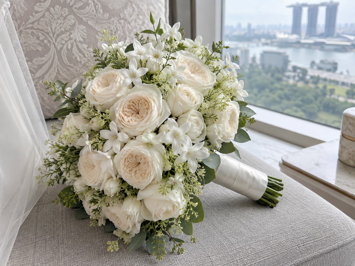 Ivory round bridal bouquet in a Singapore bridal suite