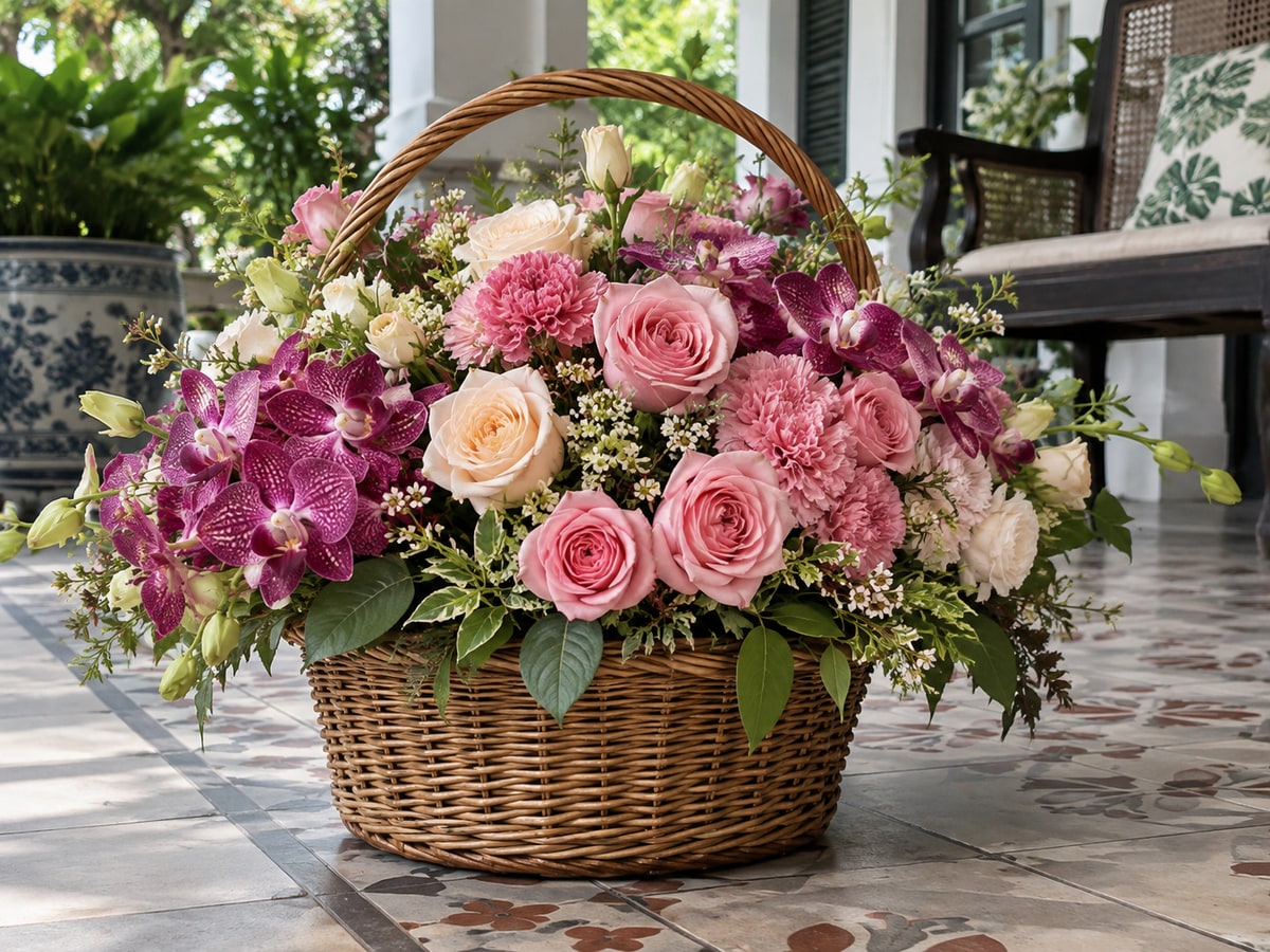 Woven flower basket on a shaded Singapore veranda