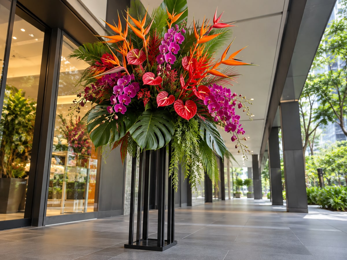 Tall tropical flower stand on a covered Singapore walkway