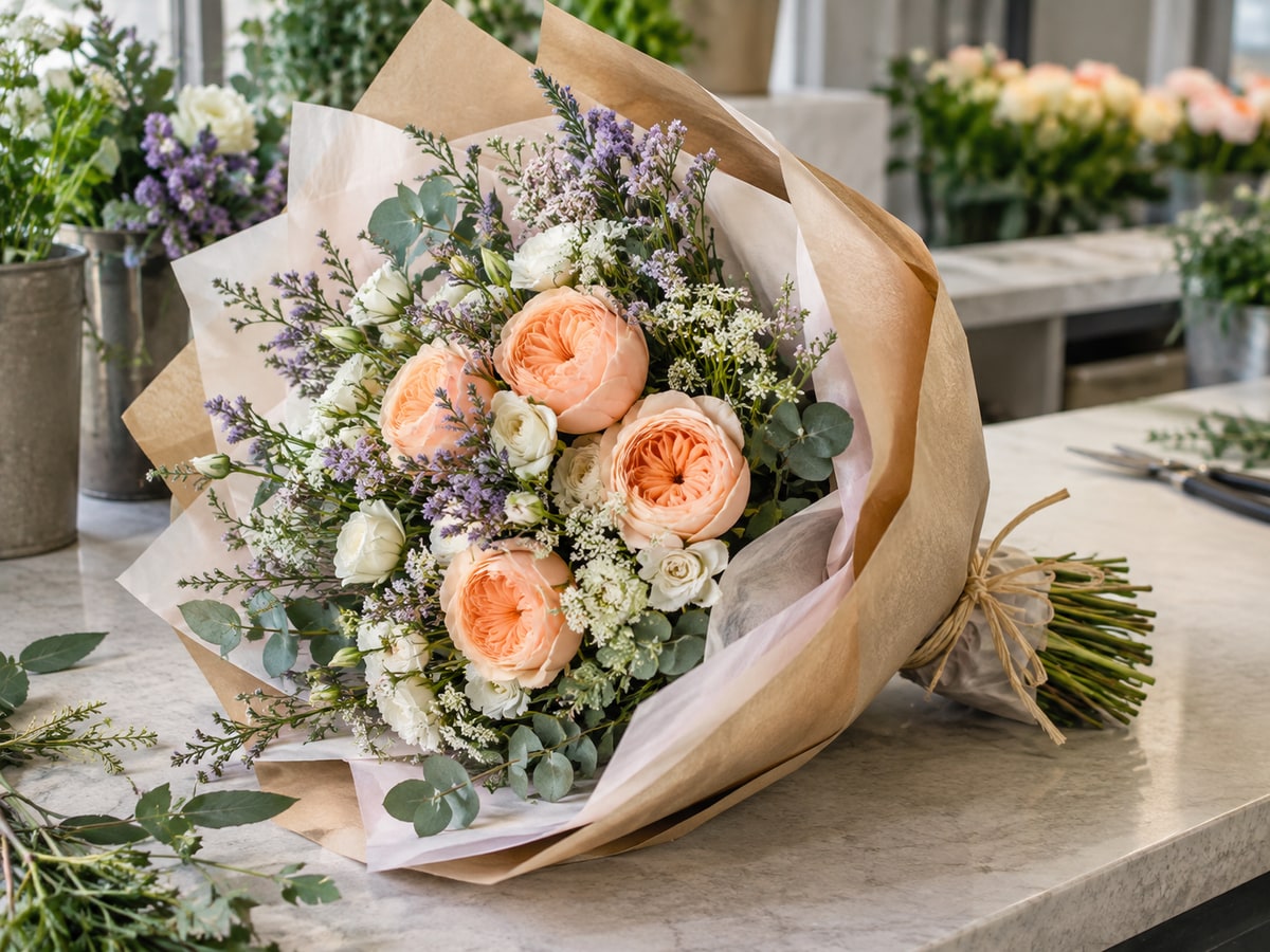 Garden-style hand bouquet on a Singapore florist packing bench