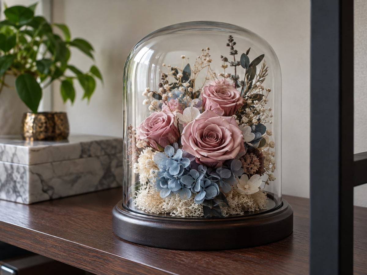 Preserved rose and hydrangea glass dome in a Singapore home