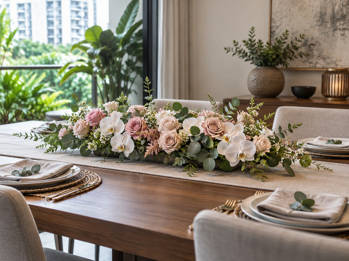 Low table flower arrangement in a Singapore dining room