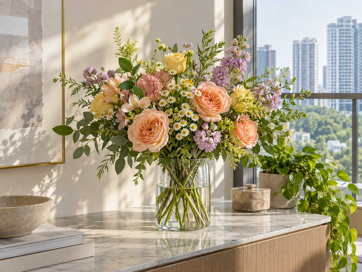 Loose fresh flower vase arrangement in a Singapore apartment