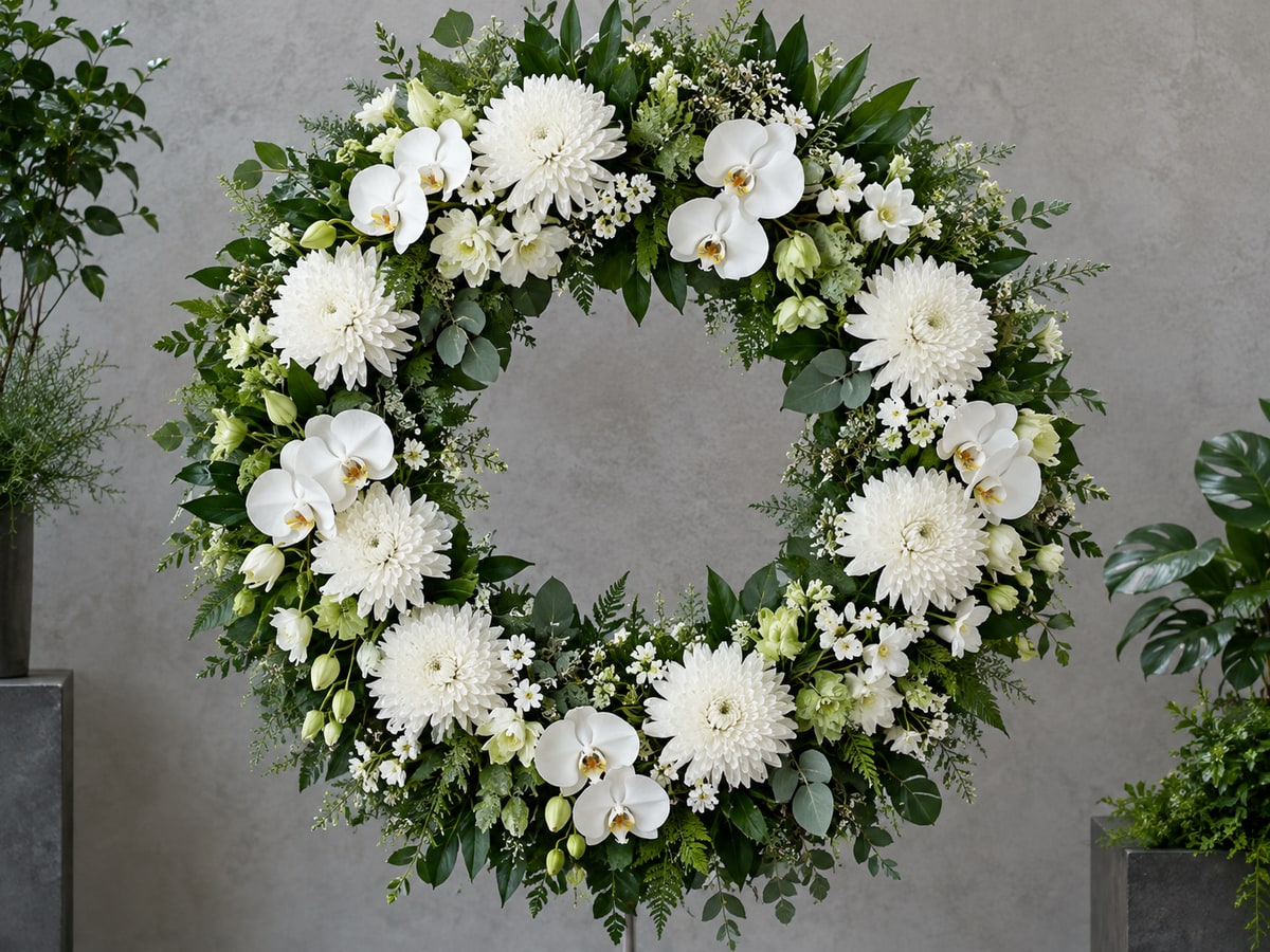 Circular white flower wreath displayed at a Singapore florist