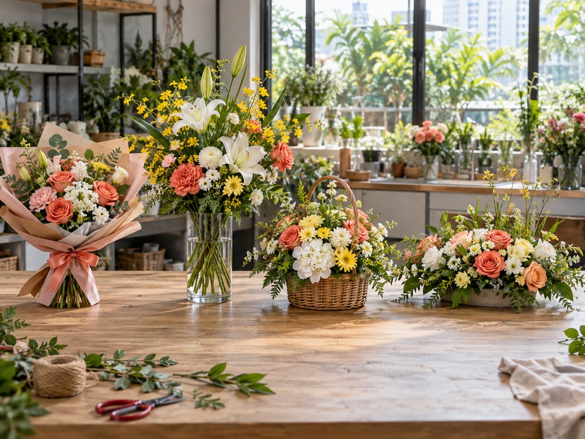 Four bouquet and flower arrangement formats at a Singapore florist