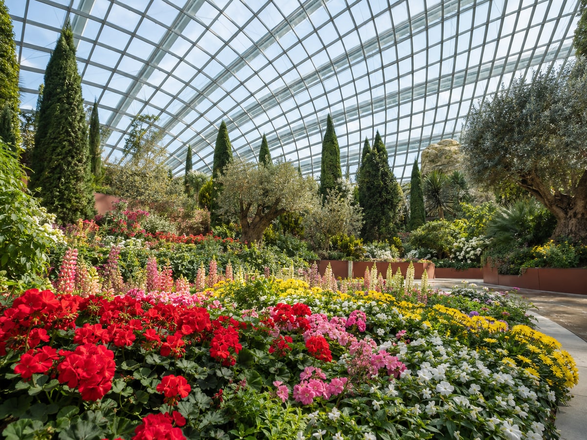 Colourful flower beds inside Singapore's Flower Dome conservatory