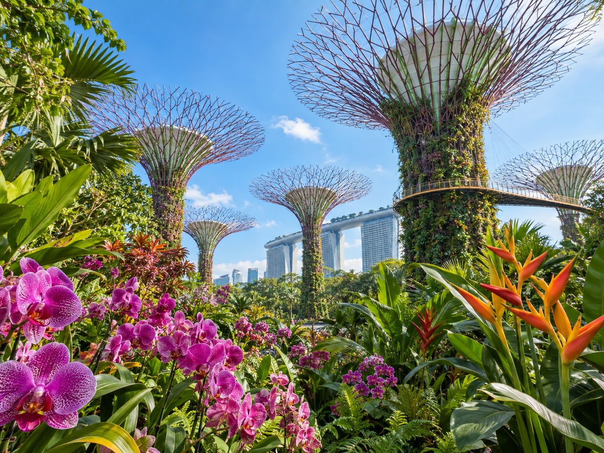 Tropical flowers and Supertrees at Gardens by the Bay Singapore