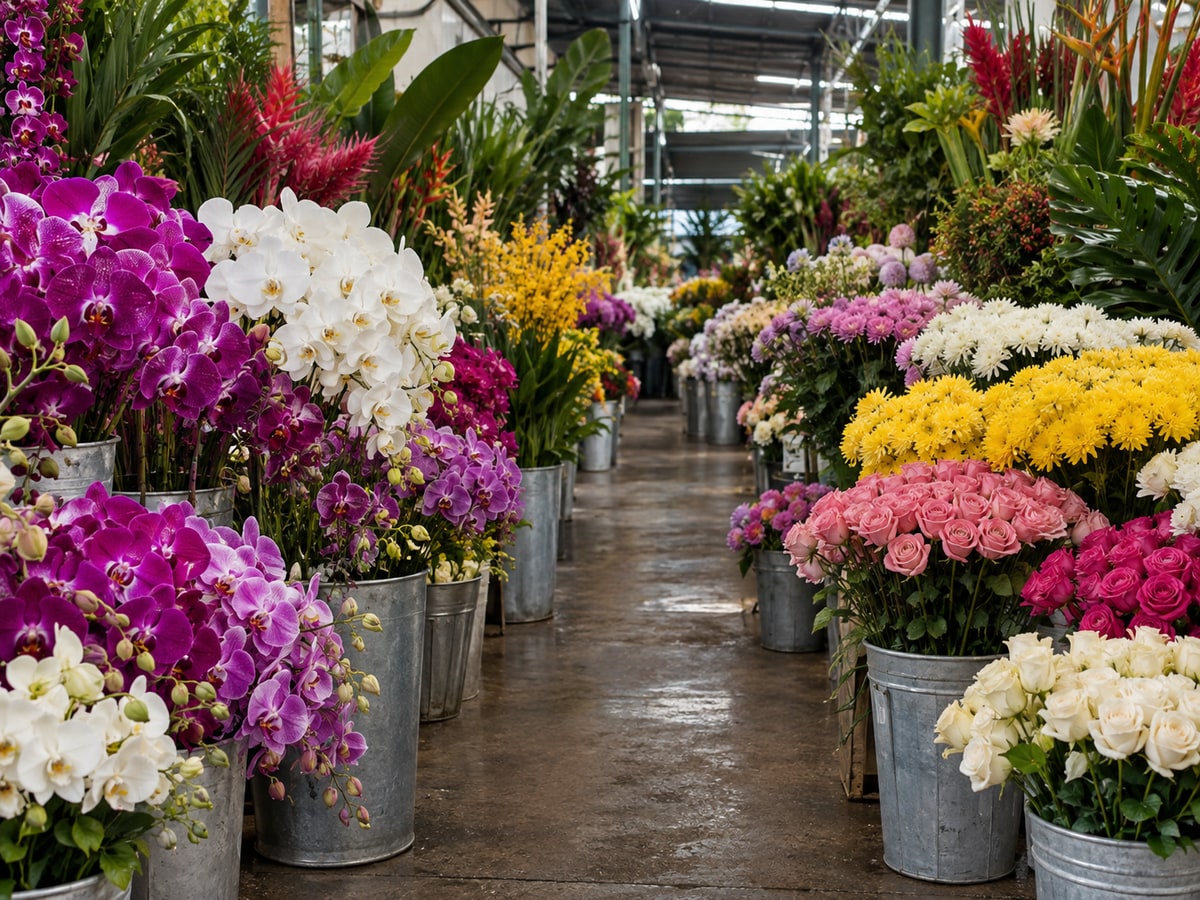 Buckets of fresh flowers at a covered local flower market in Singapore