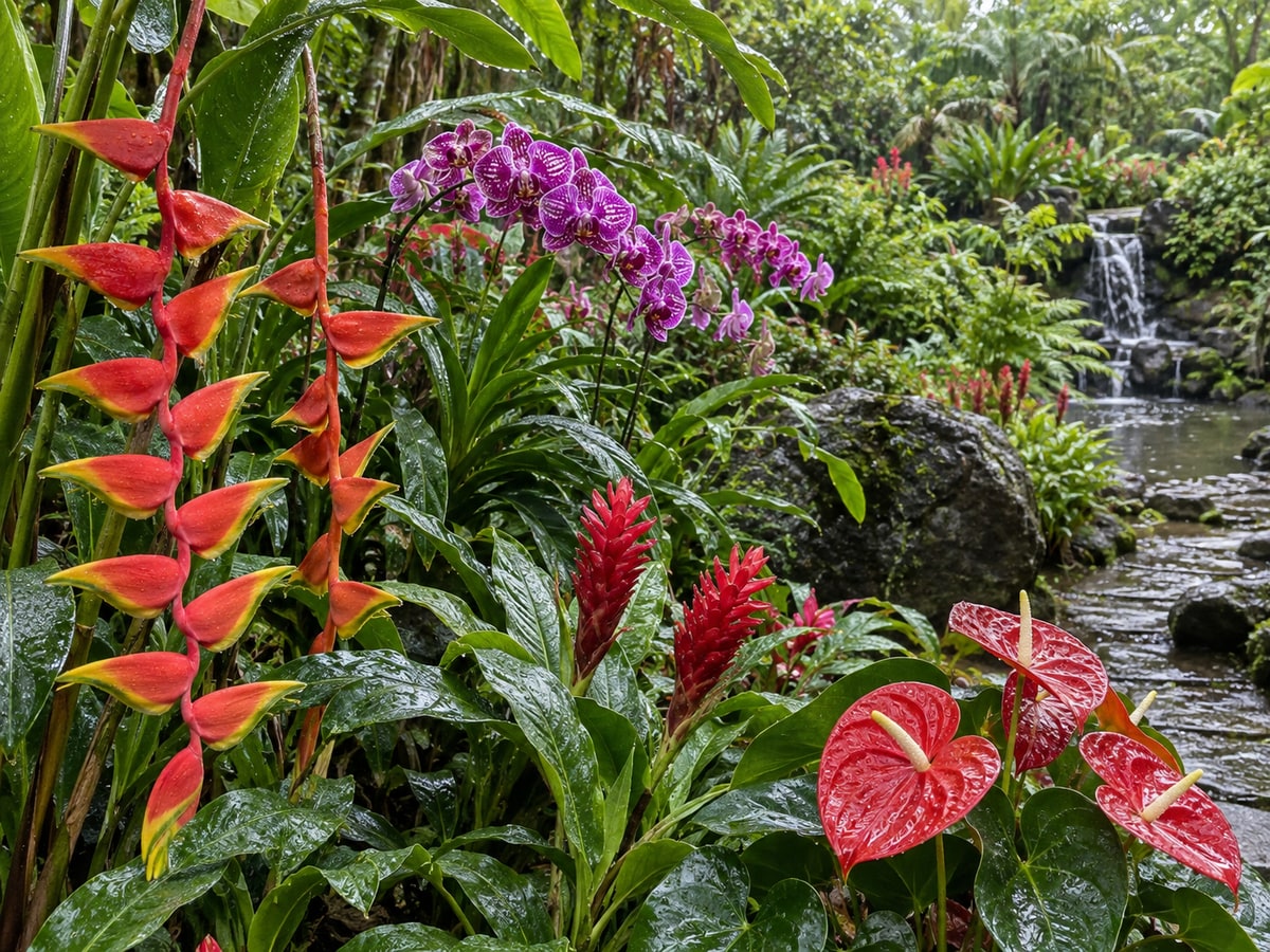 Seasonal tropical flowers growing after rain in a Singapore garden