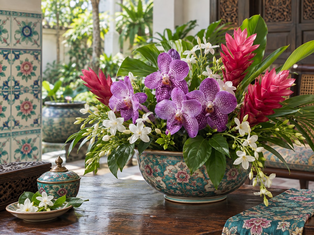 Singapore flower culture with orchids and tropical blooms in a heritage courtyard