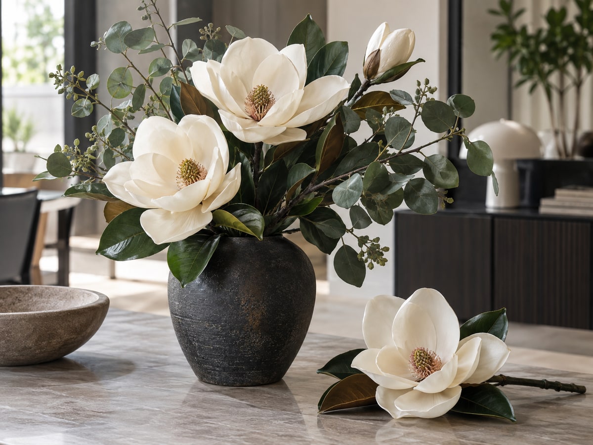 Realistic artificial magnolia stems in a Singapore styling studio