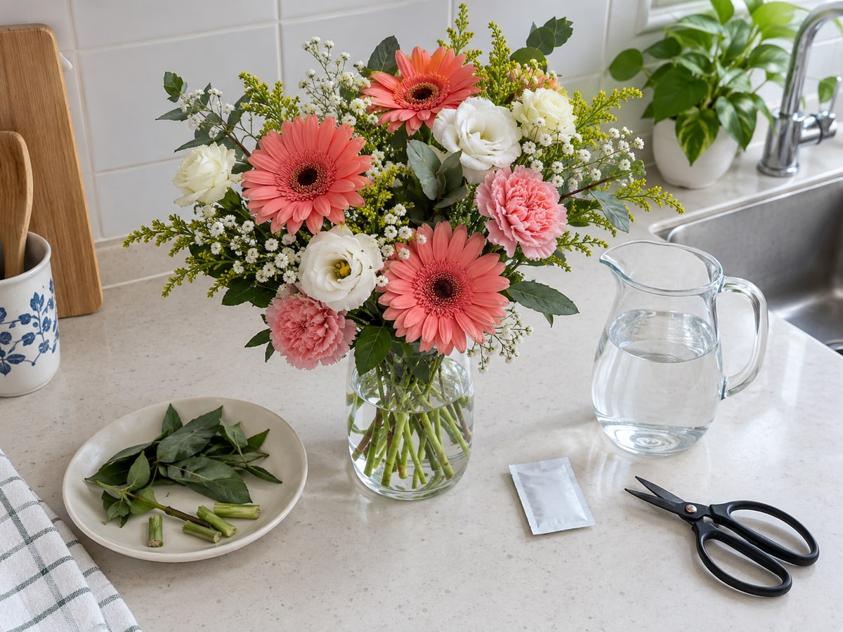 Fresh flower care setup with clean vase water in Singapore