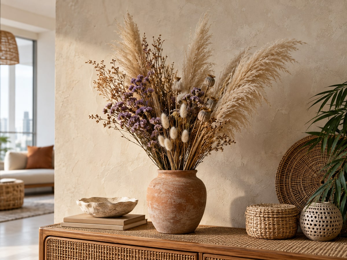 Dried flowers and seed pods in a Singapore apartment
