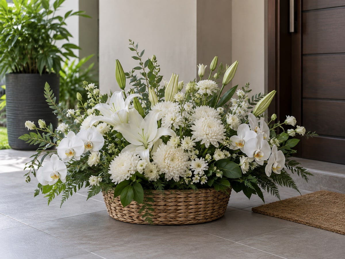 White sympathy flower basket for a bereaved family in Singapore