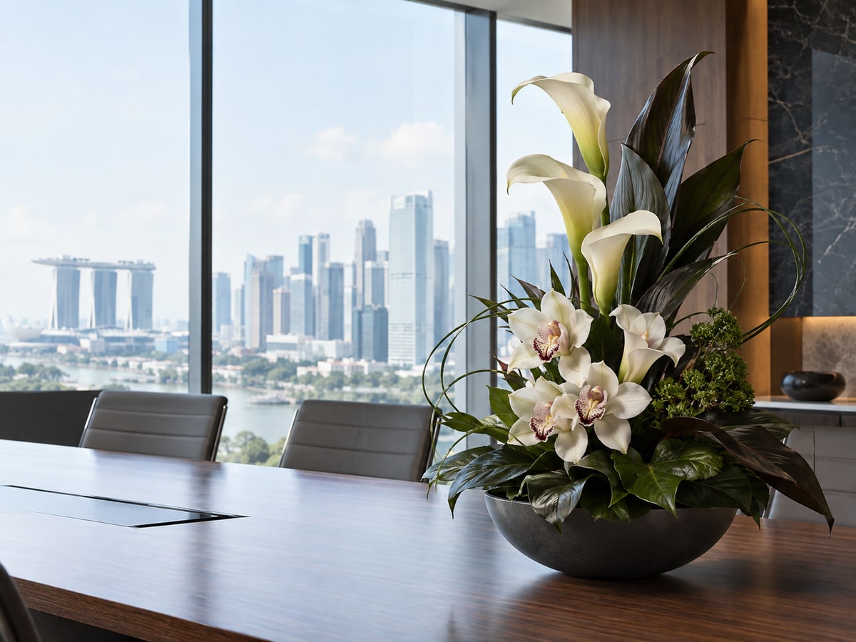 White calla lily and orchid arrangement for a boss in Singapore