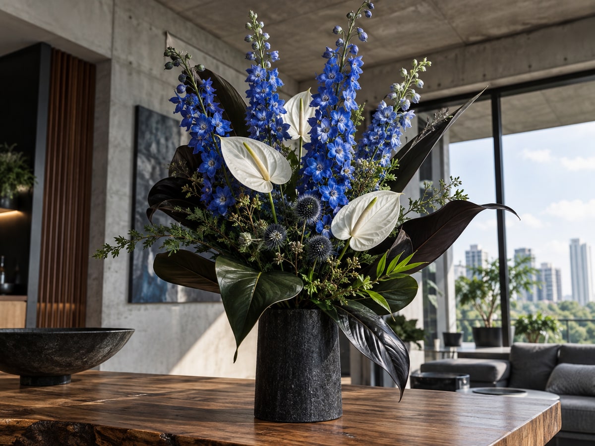 Blue and white structured bouquet for a boyfriend in Singapore