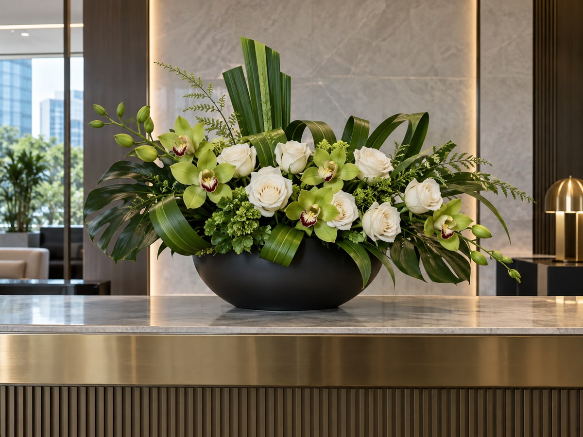 Formal orchid and rose arrangement for a client in Singapore