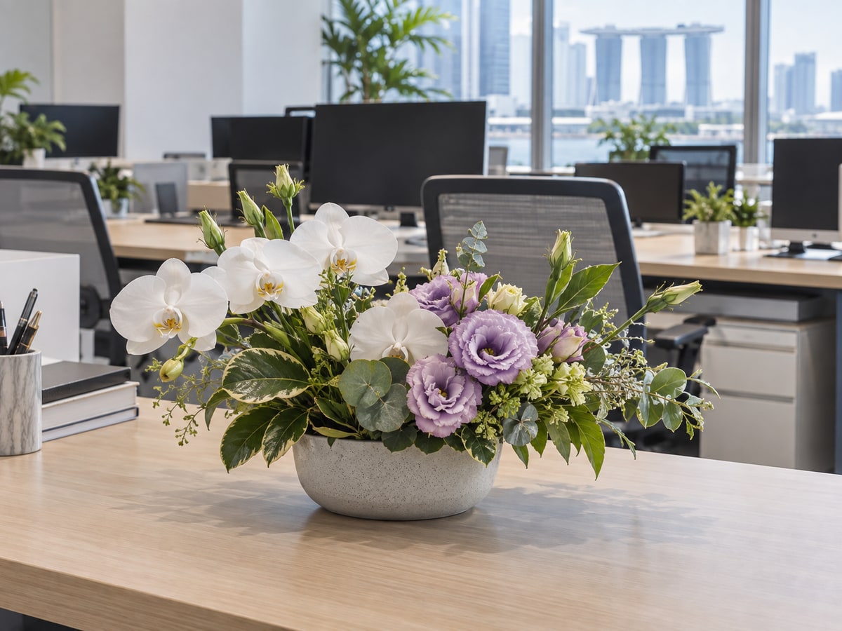 Compact orchid arrangement for a colleague in a Singapore office