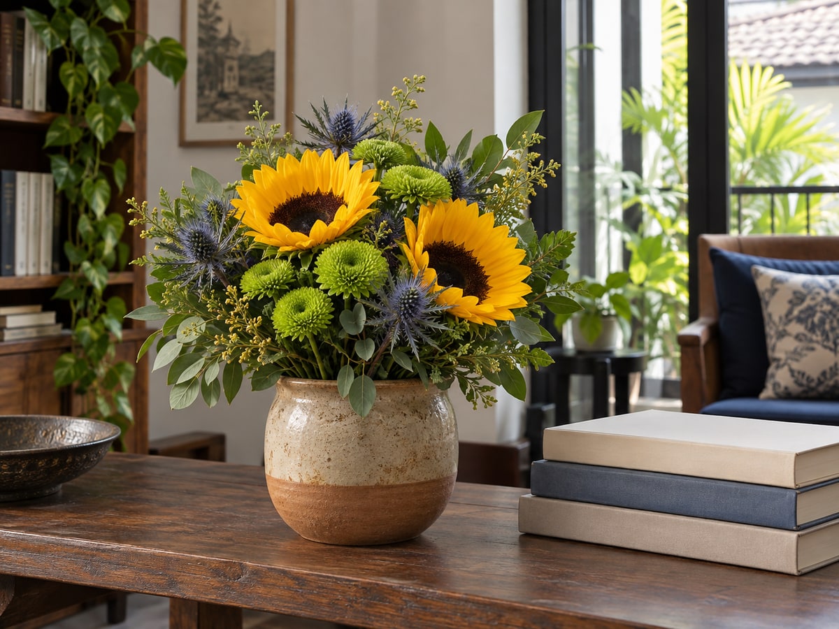 Sunflower and green flower arrangement for a father in Singapore