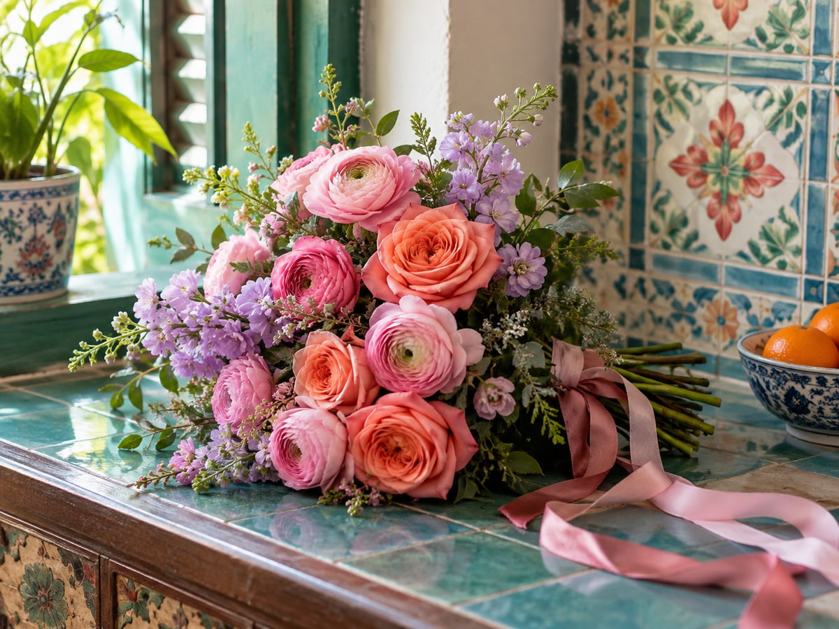 Pink coral and lavender bouquet for a girlfriend in Singapore