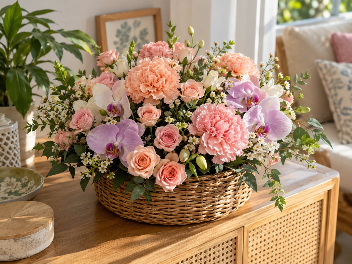 Carnation orchid and rose basket for a mother in Singapore
