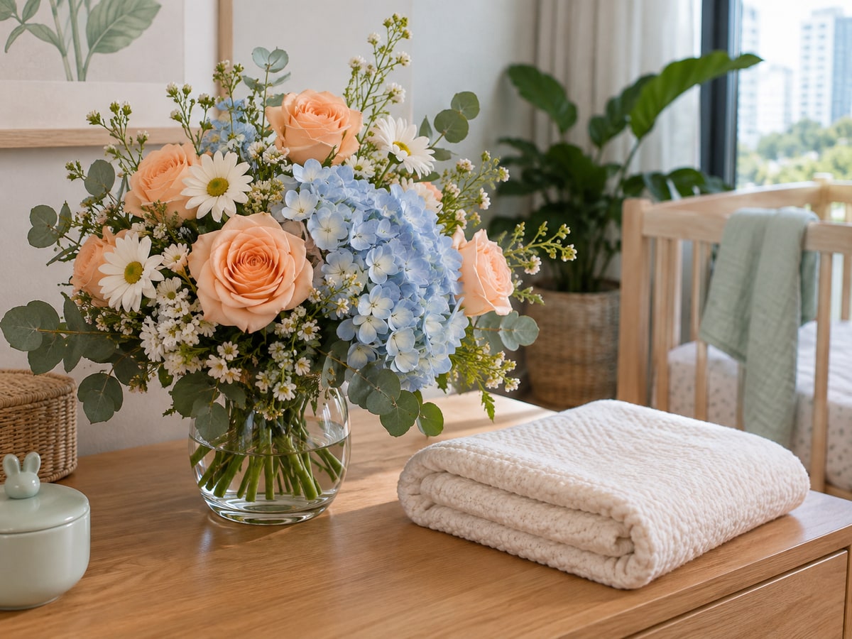 Soft flowers and baby blanket for new parents in Singapore