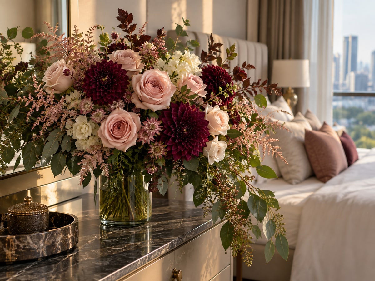 Blush rose and burgundy flower bouquet for a wife in Singapore
