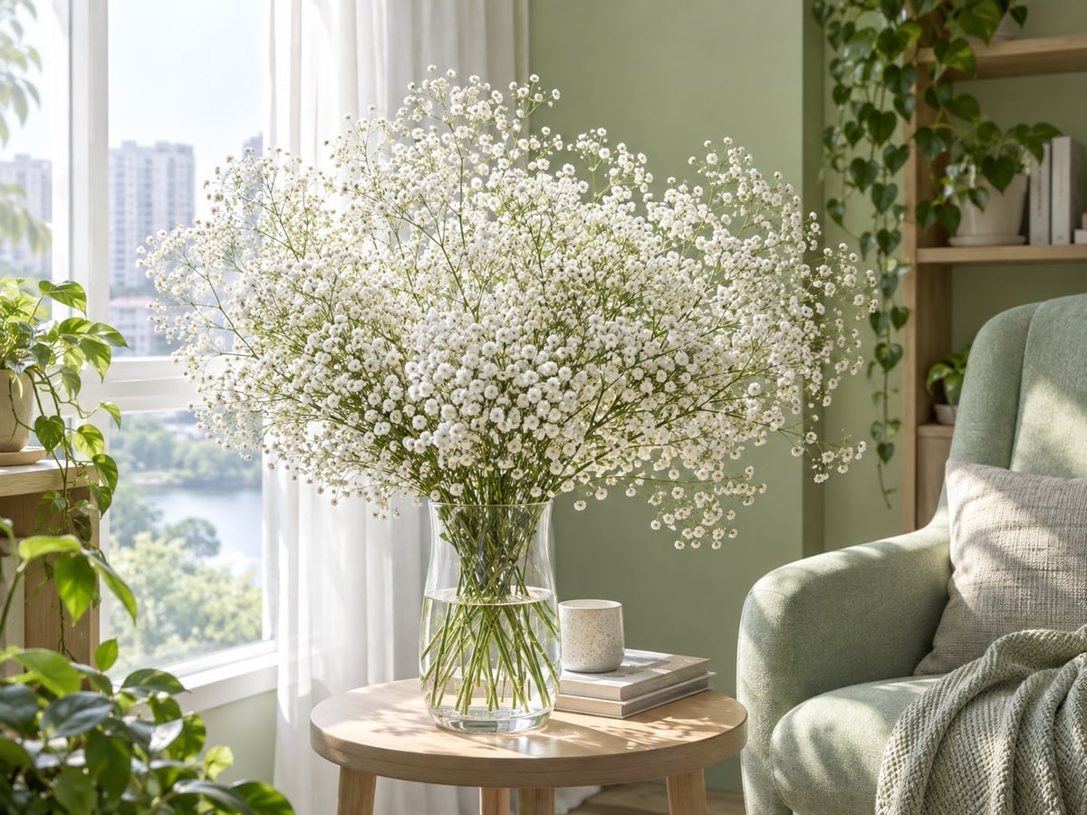 Airy white baby's breath bouquet in a Singapore apartment