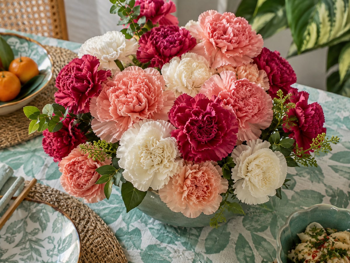 Raspberry peach and cream carnations in a Singapore HDB home