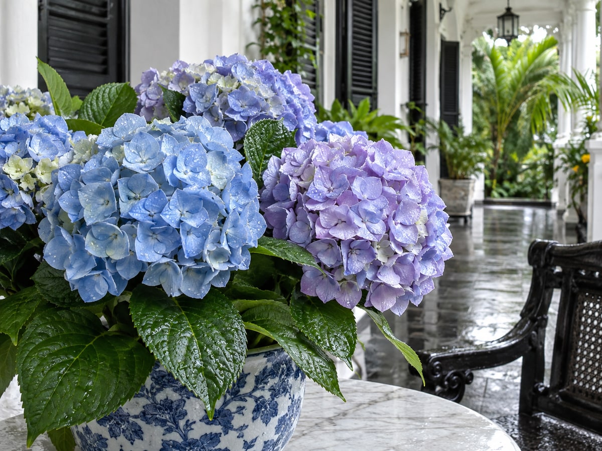 Blue and lavender hydrangeas on a rain-cooled Singapore veranda