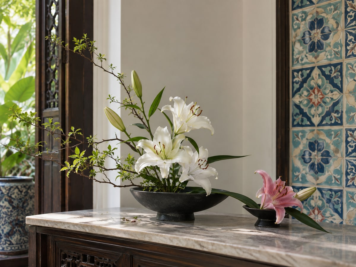 White and pink lilies in a symbolic Singapore floral display