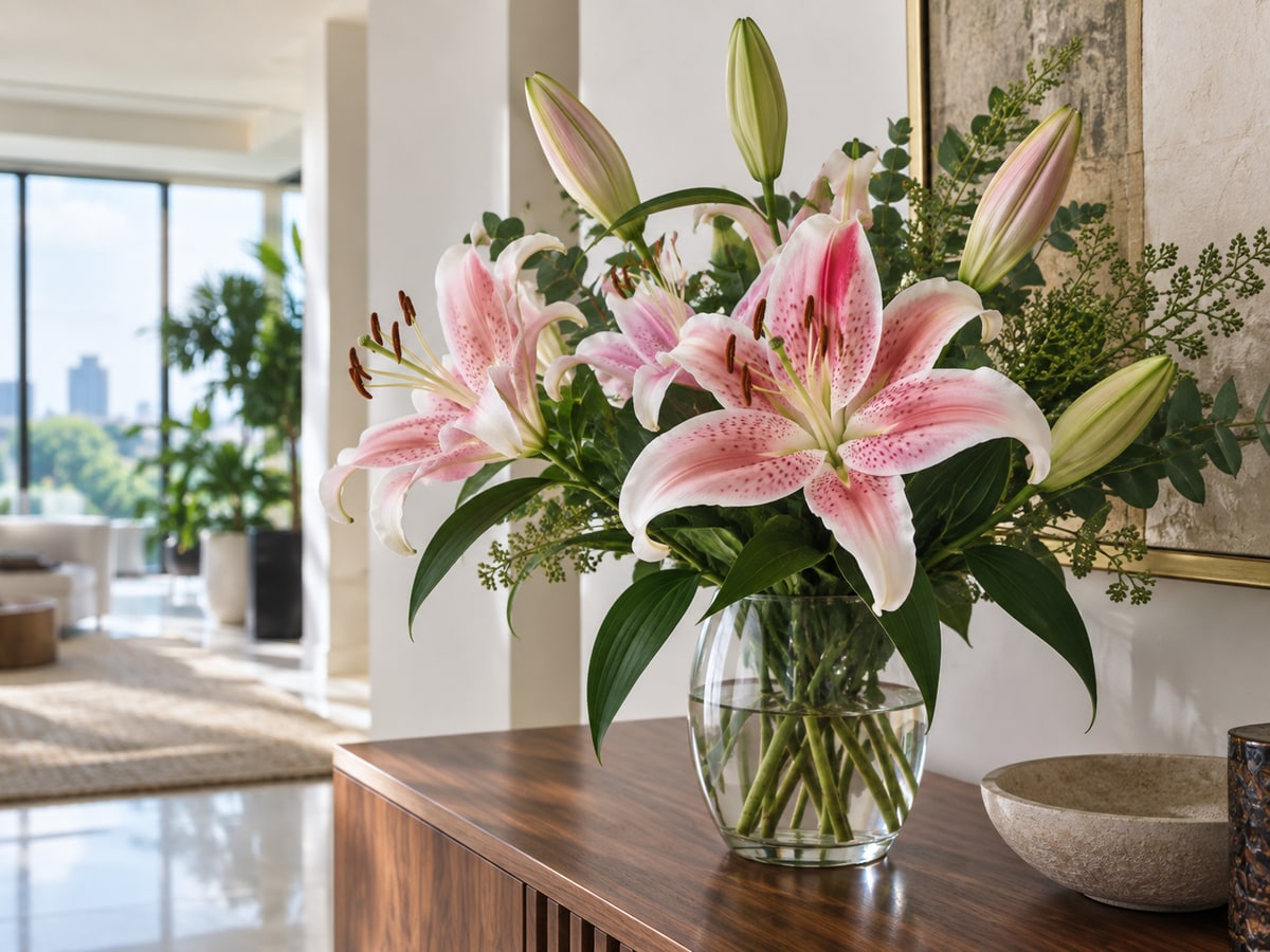 Fresh oriental lilies and buds in a Singapore living room