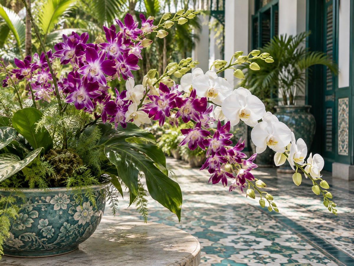 Purple and white cut orchids in a Singapore shophouse courtyard