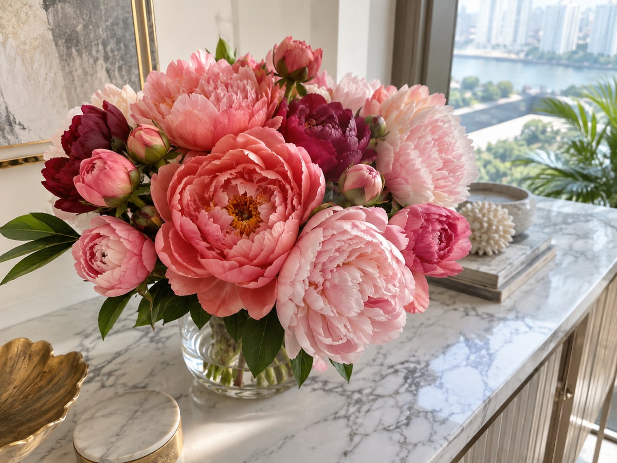 Coral and pink peonies displayed in a Singapore condominium