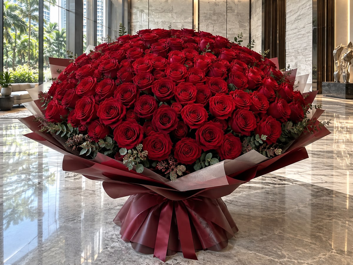 Large statement bouquet of red roses in a Singapore condominium lobby