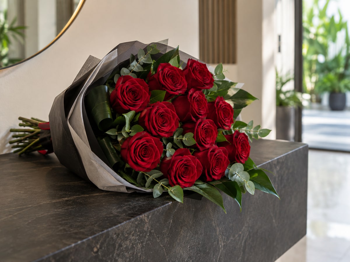 Deep red rose bouquet displayed in a modern Singapore home