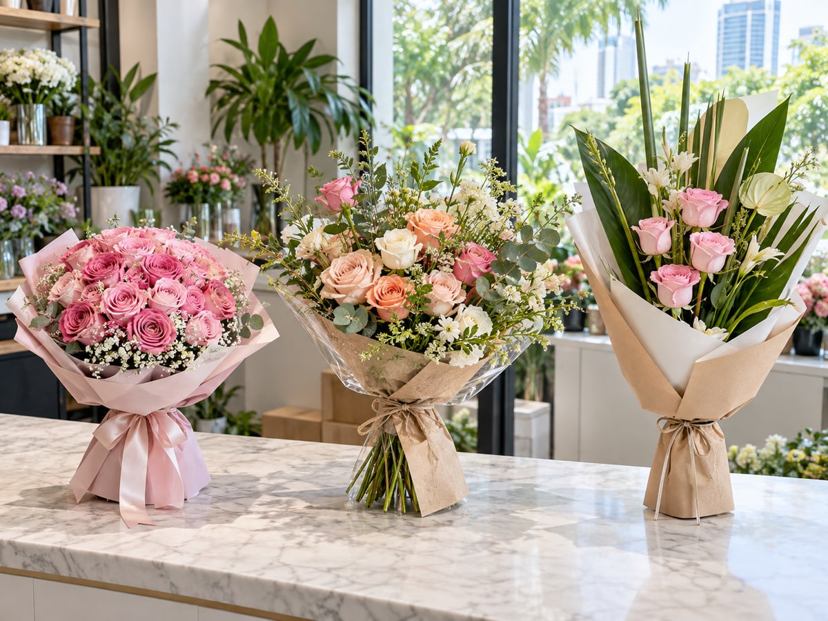 Three rose bouquet styles compared at a Singapore florist shop