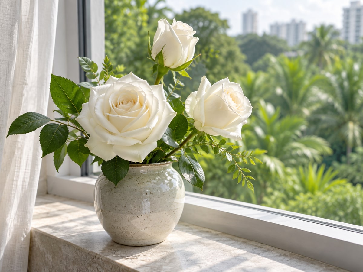 White roses in soft daylight beside a Singapore window