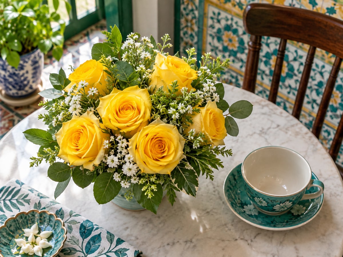 Yellow rose posy in a colourful Singapore shophouse interior