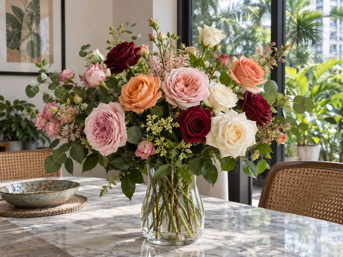 Mixed rose varieties arranged in a bright Singapore apartment