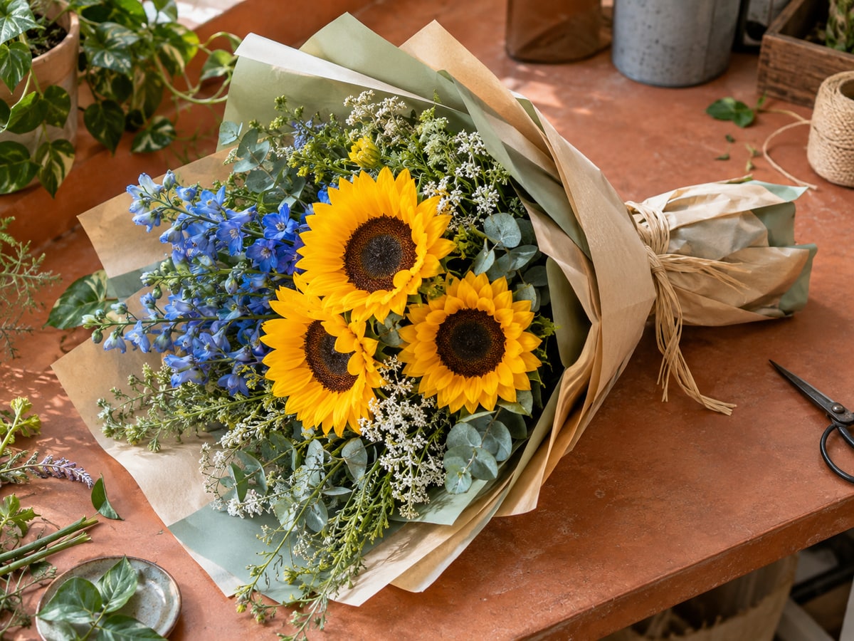 Wrapped sunflower bouquet with blue flowers at a Singapore florist