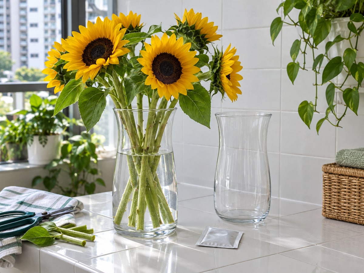 Sunflowers in clean vase water for flower care in Singapore