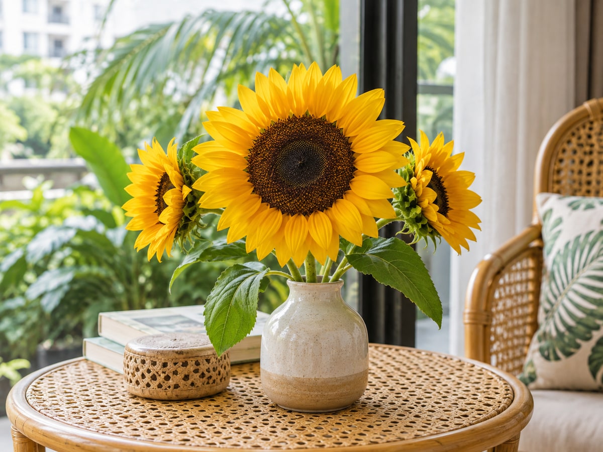 Radiant sunflower arrangement in a breezy Singapore home