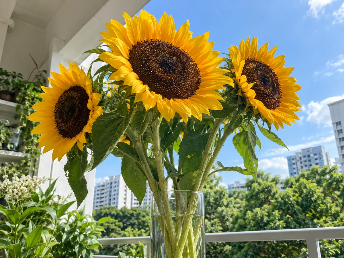 Fresh sunflowers on a sunny Singapore HDB balcony