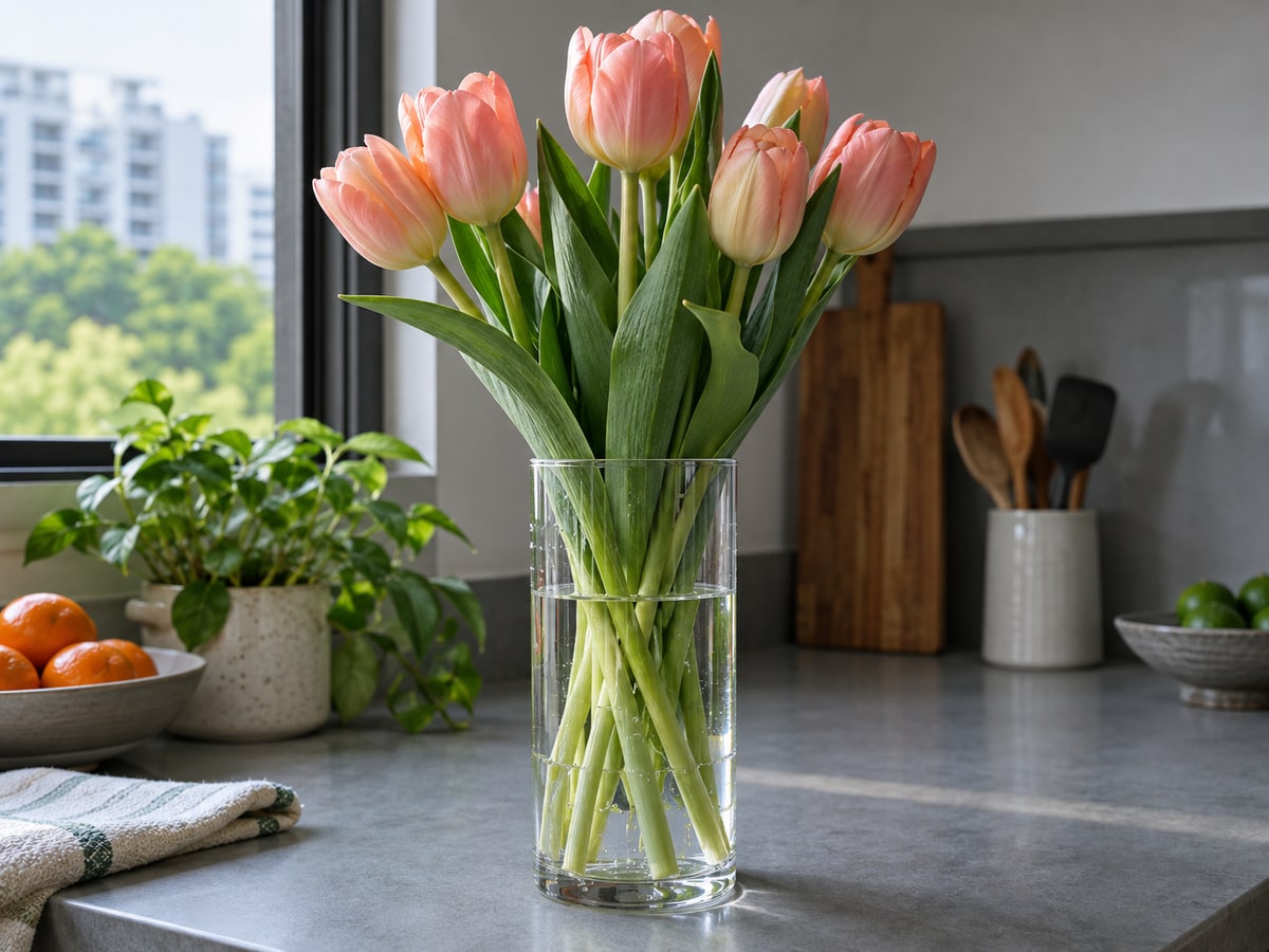 Tulips supported in a tall vase for care in Singapore weather