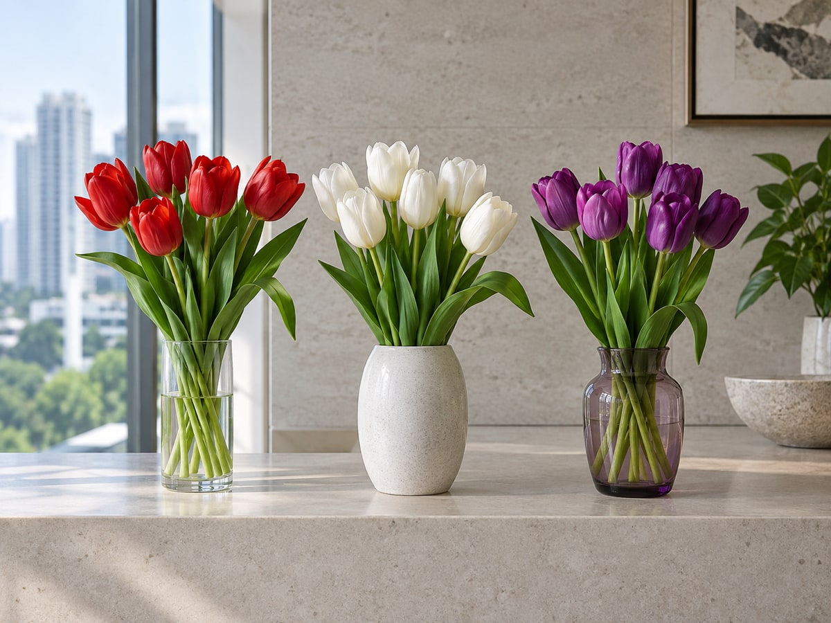 Red white and purple tulips displayed by colour in Singapore