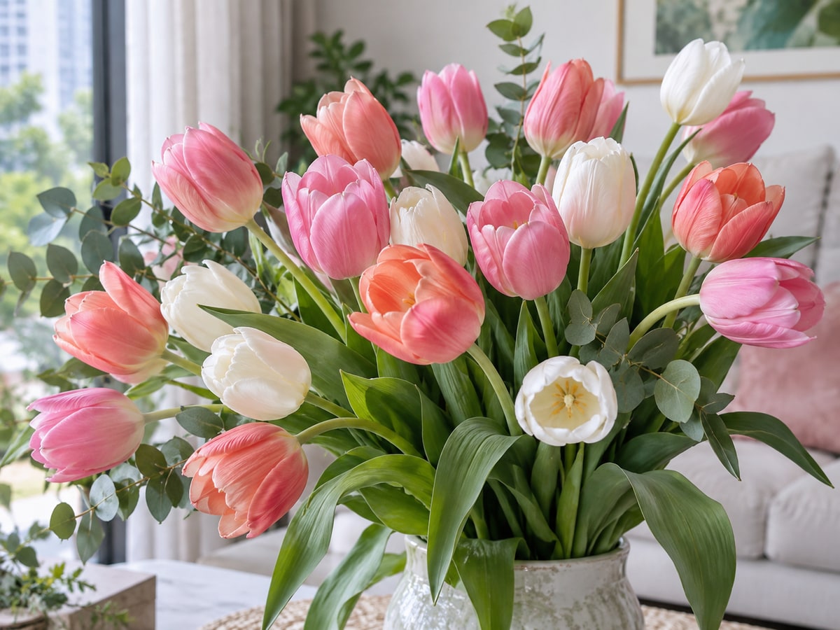 Fresh mixed tulips arranged in a cool Singapore home