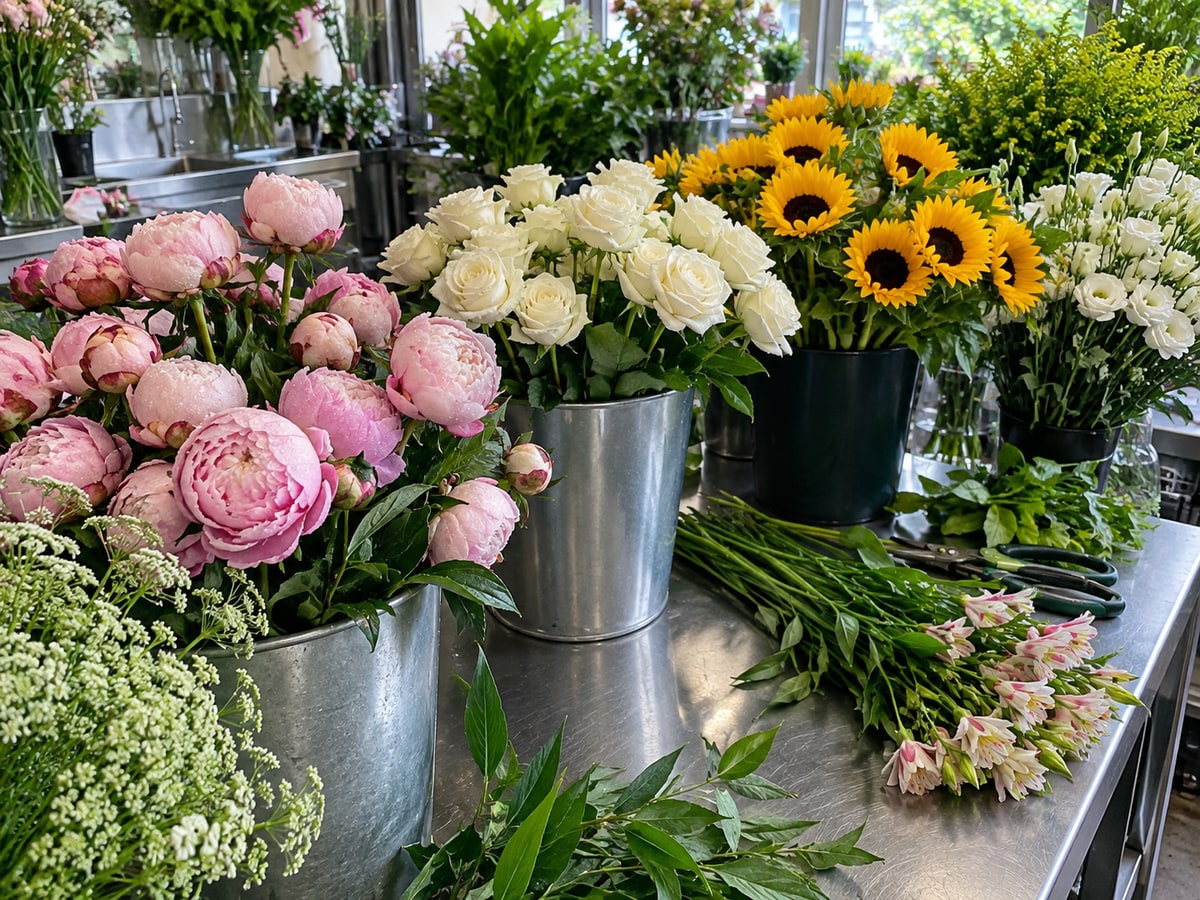 Fresh seasonal flowers in buckets at a Singapore florist preparation bench