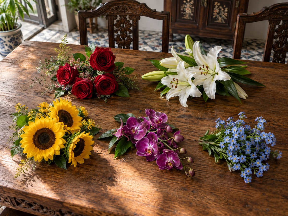 Different symbolic flowers arranged on a table in Singapore